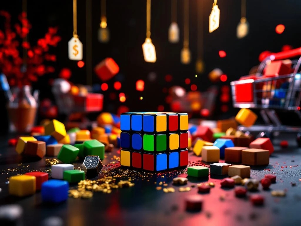 Kleurrijke speedcubes en hersenkrakers op donkere ondergrond met dramatische belichting tijdens Black Friday uitverkoop