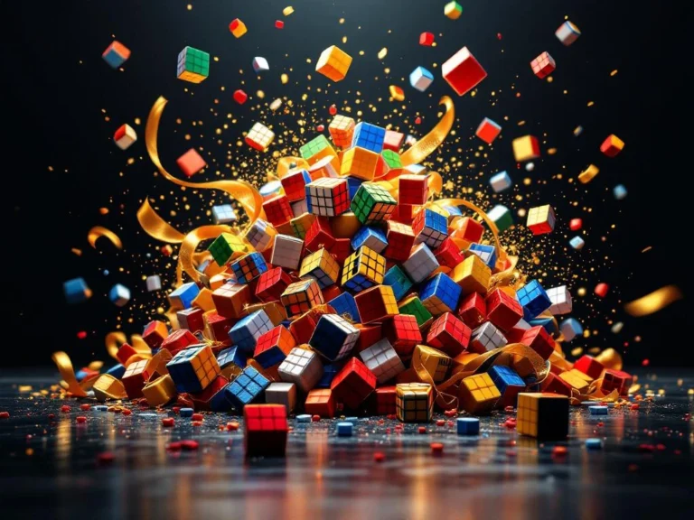 Kleurrijke speedcubes en Rubik's cubes zweven boven donkere ondergrond met Black Friday-kortingslabels en accessoires