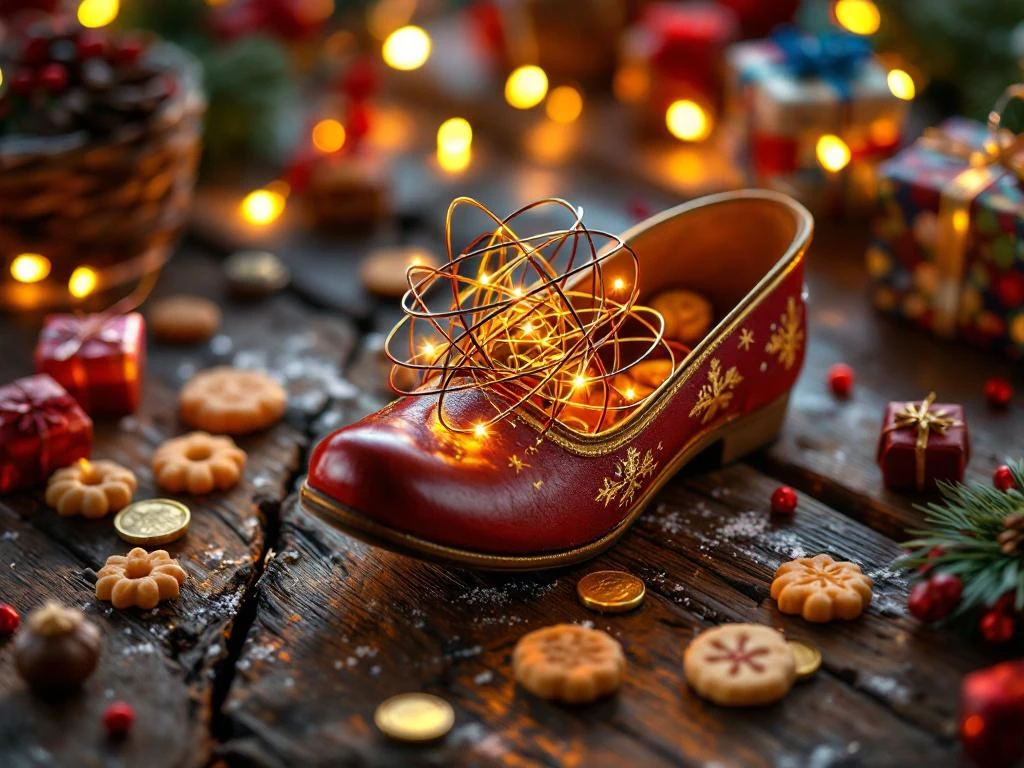 Metalen hersenkraker puzzel in Sinterklaasschoen met pepernoten, chocolademunten en cadeautjes op houten tafel