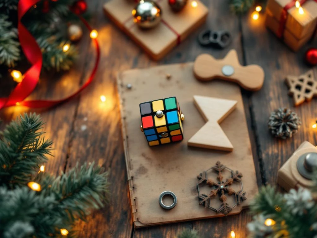 Kleurrijke speedcubes en puzzels op houten tafel met kerstverlichting als alternatieve kerstcadeaus