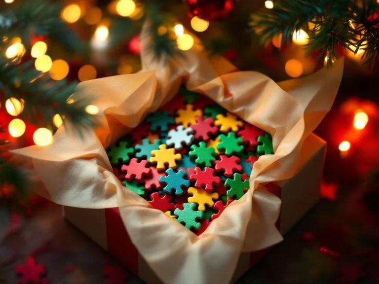 Kleurrijke puzzelstukjes die uit cadeaupapier onder een verlichte kerstboom vallen met warme kerstverlichting op de achtergrond