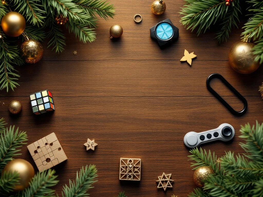 Kerstcadeaus op houten tafel: speedcube, breinbrekers, puzzeltimer en fidget toys met dennentakken en kerstversiering