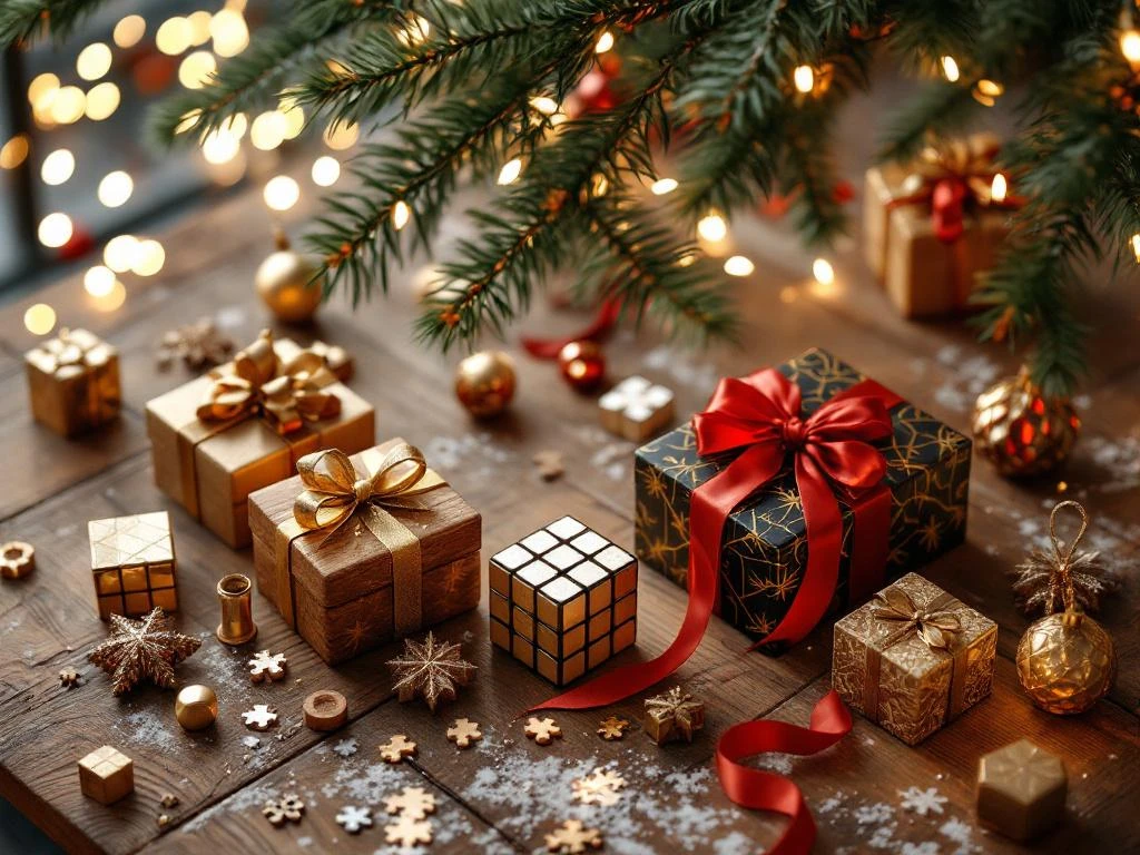 Kerstcadeaus met speedcubes, houten breinbrekers en puzzels op houten tafel met gouden linten en kerstverlichting