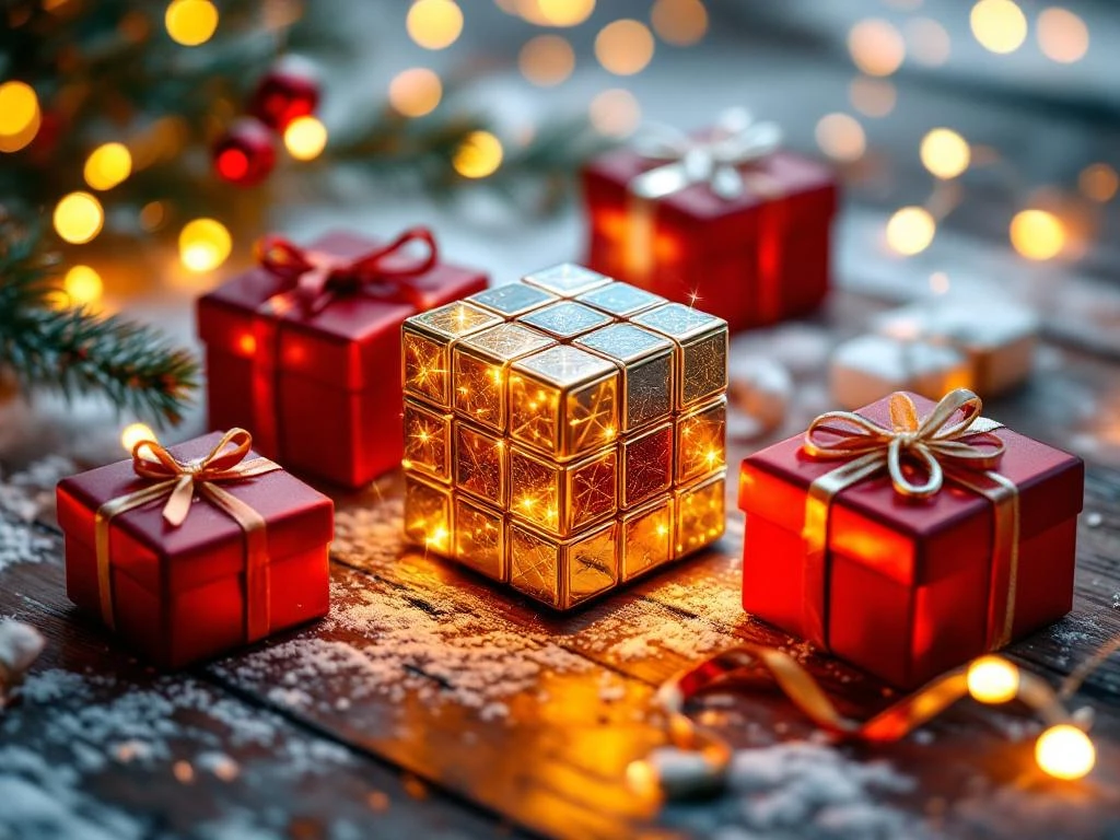 Magnetische speedcube omringd door kerstcadeaus, puzzels en fidget toys op houten tafel met kerstverlichting