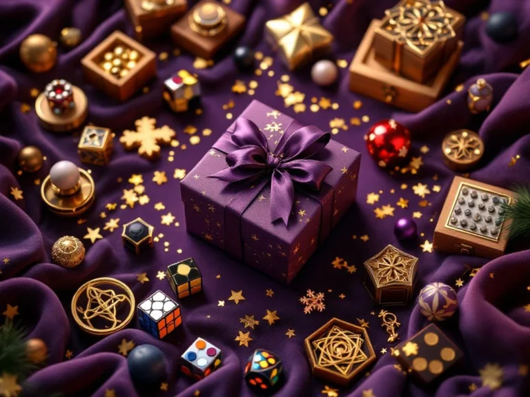 Luxe paarse en gouden geschenkdoos omringd door puzzels, speedcubes en fidget toys op fluweel met confetti