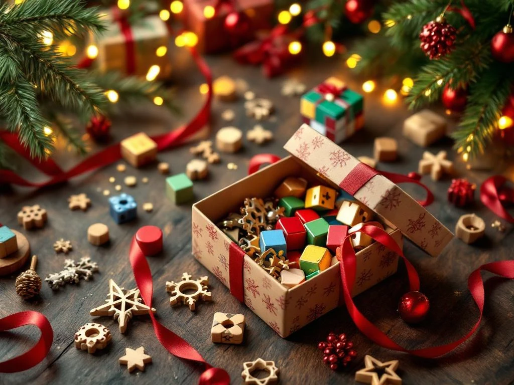 Kleurrijke puzzelkubussen en houten hersenkrakers op rustieke tafel met kerstverlichting en dennentakken