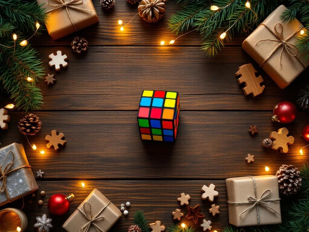 Puzzelkubussen en hersenkrakers op houten tafel met kerstversiering, gouden lichtjes en cadeaus in warme sfeer