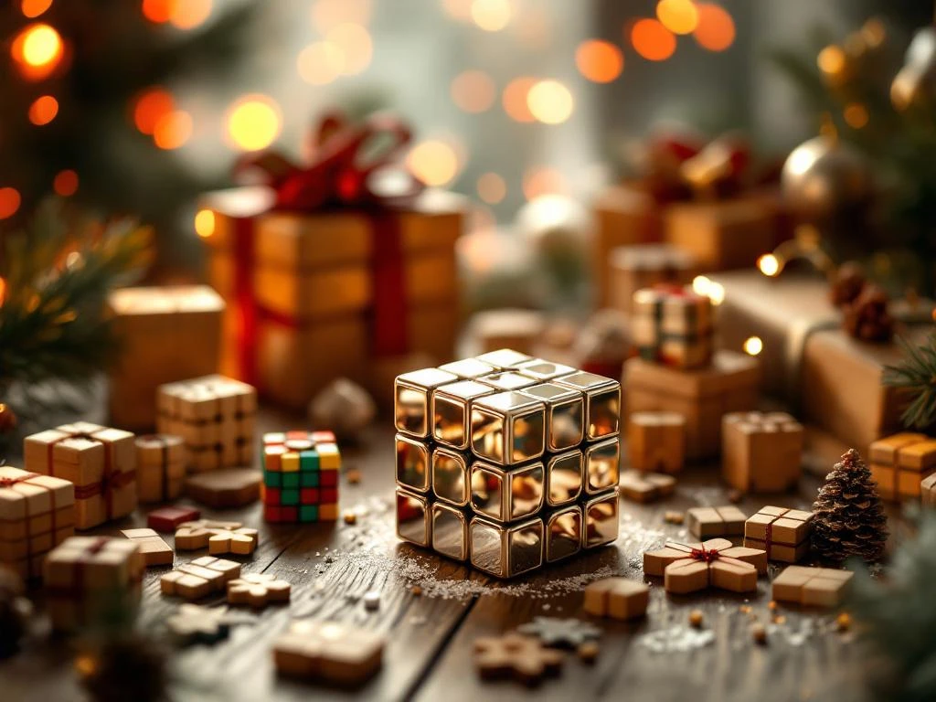 Metallic Rubik's cube surrounded by wooden puzzles, colorful speedcubes, and brain teasers with festive holiday decorations