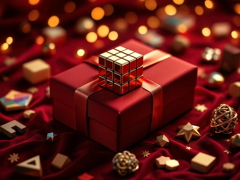 Cadeauverpakking met Rubik's cube en hersenkrakers op bordeauxrood fluweel met gouden kerstverlichting op achtergrond