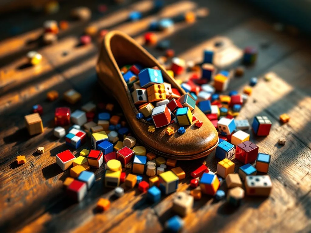 Traditionele Nederlandse houten klomp gevuld met kleurrijke breinbrekers en speedcubes op houten ondergrond