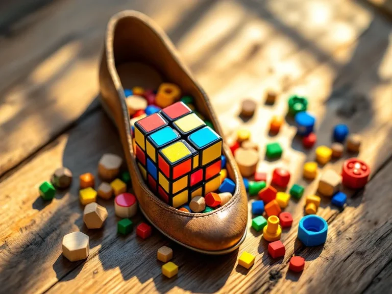 Houten klomp gevuld met puzzels: Rubik's kubus, hersenkrakers en fidget toys op rustiek houten oppervlak