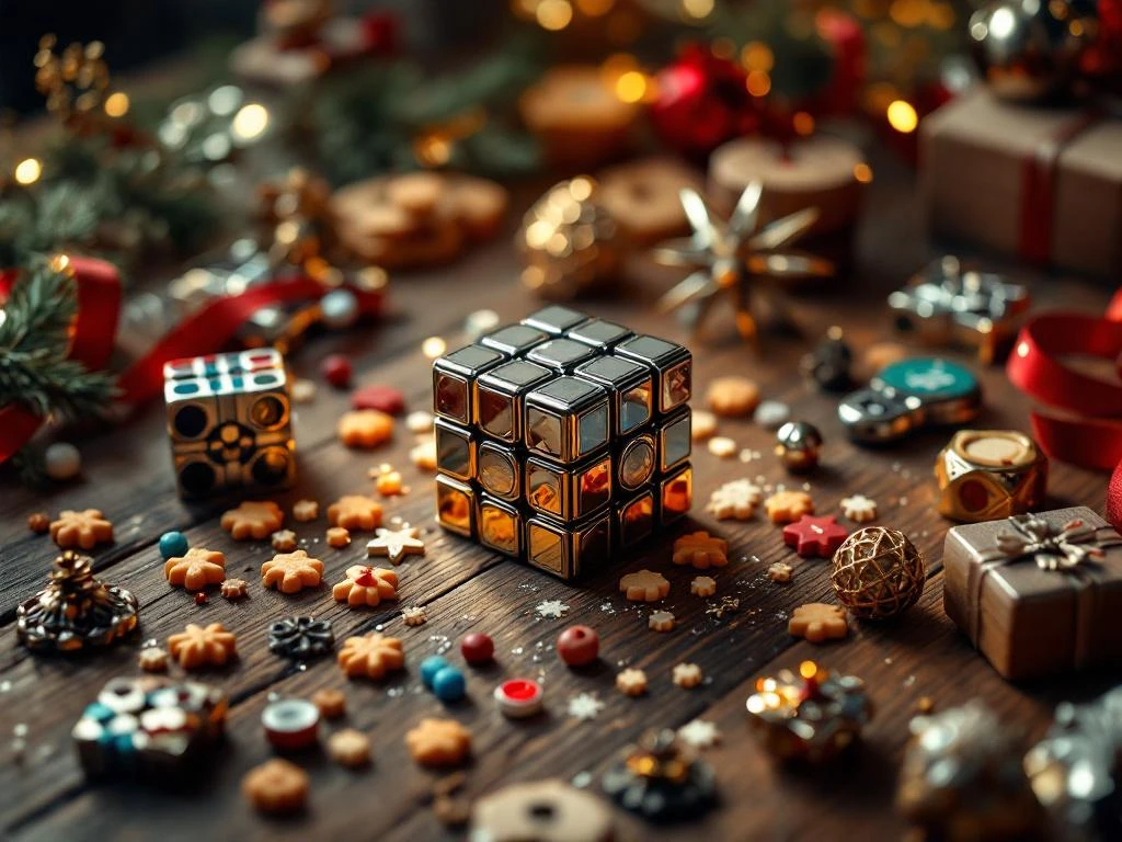 Speedcube en puzzelcadeaus op houten tafel met pepernoten en Sinterklaas decoraties in warm licht