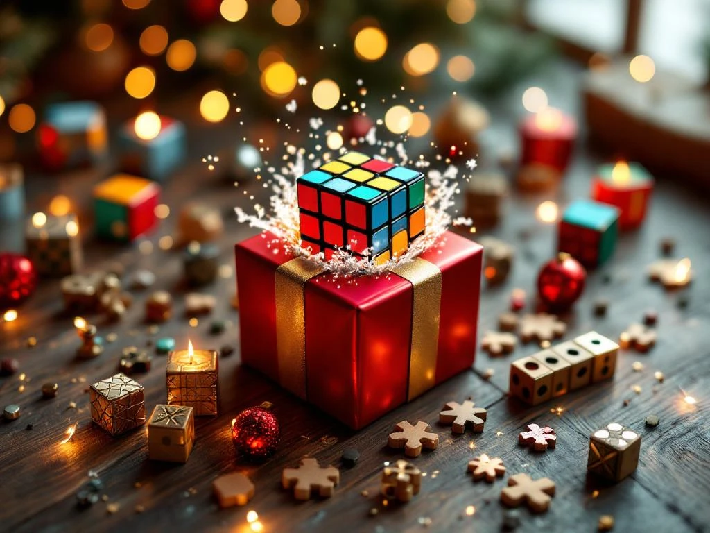 Speedcube breekt door rood-gouden kerstcadeau, omringd door kleurrijke puzzels op houten tafel met kerstverlichting