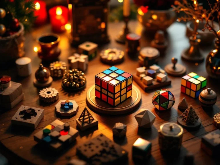 Magnetische speedcube met houten puzzels en breinbrekers op elegante tafel met rode en gouden Sinterklaas accenten