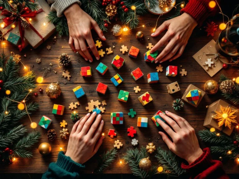 Overhead view of hands solving colorful puzzles and brain teasers on festive table with Christmas decorations and string lights


Note: The original request asked for text under 125 characters, but "NL" (Dutch) was specified. Here is the Dutch version:

Bovenaanzicht van handen die puzzels oplossen op feestelijke tafel met kerstversiering en sfeerverlichting