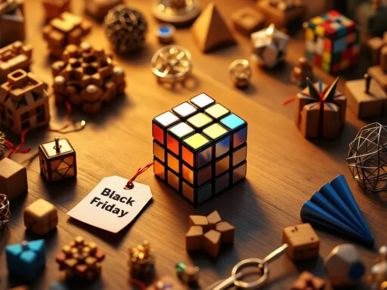 Metallic Rubik's cube met hersenkrakers en Black Friday-kortingslabels op houten tafel, bovenaanzicht