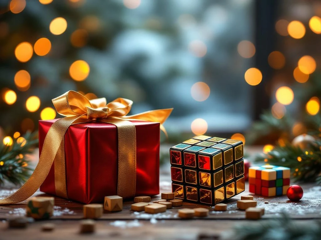 Rubik's kubus en hersenkrakers als kerstcadeaus op houten tafel met gouden verlichting en dennentakken