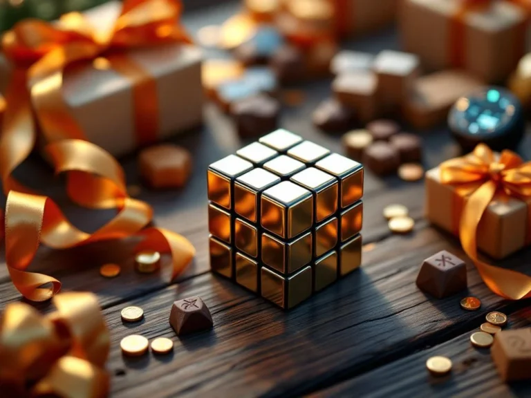 Metallic Rubik's kubus omringd door houten breinbrekers, puzzeltimer en Sinterklaas decoraties op donker hout