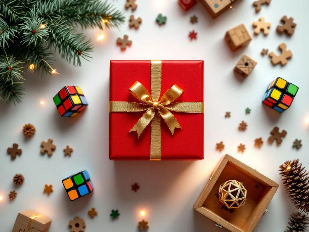 Rode Sinterklaas cadeaudoos met gouden lint omringd door kleurrijke puzzels en educatief speelgoed op witte ondergrond