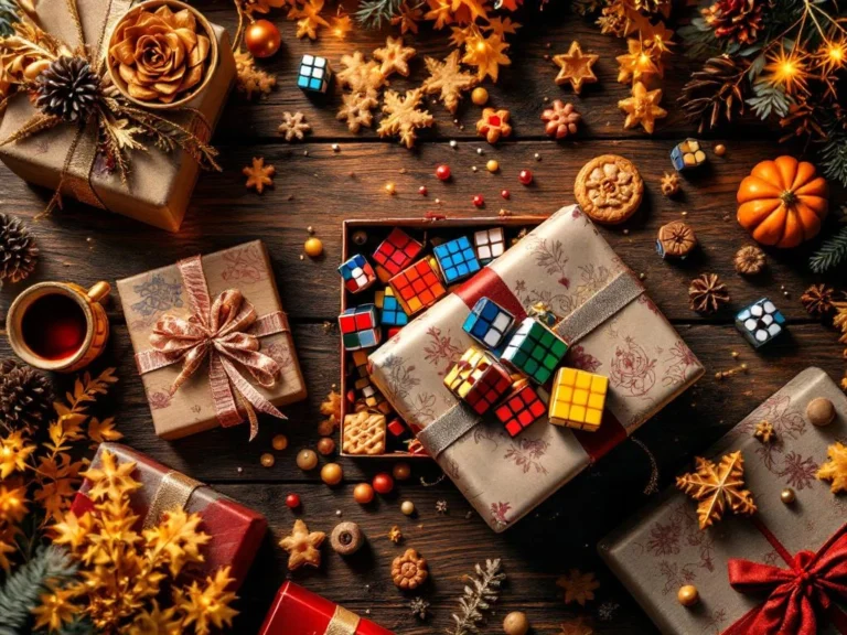 Sinterklaas cadeau met kleurrijke speedcubes, houten breinbrekers en puzzeldozen op rustieke tafel met pepernoten