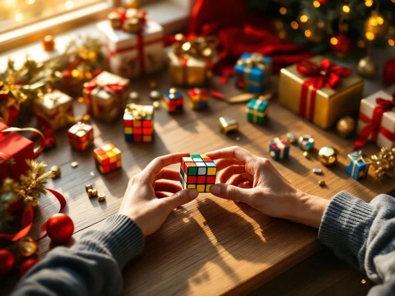 Handen lossen Rubiks kubus op tussen kleurrijke speedcubes en Sinterklaas cadeaus op houten bureau