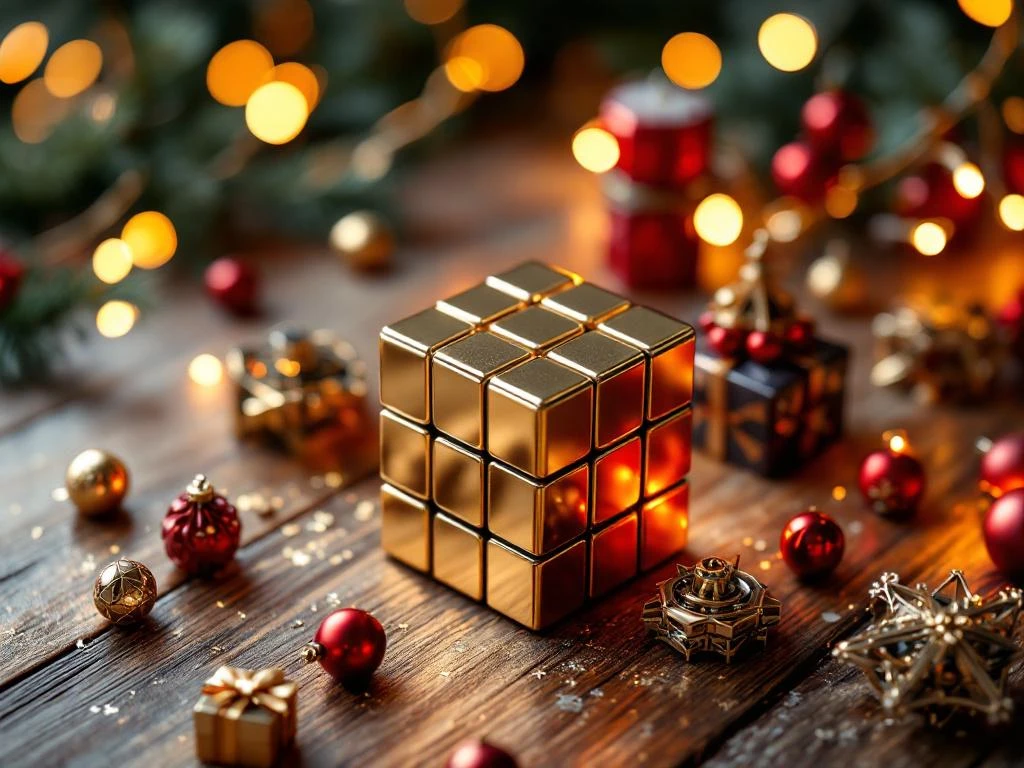 Metallic Rubik's kubus met mechanische puzzels en Sinterklaas decoraties in rood en goud op houten tafel