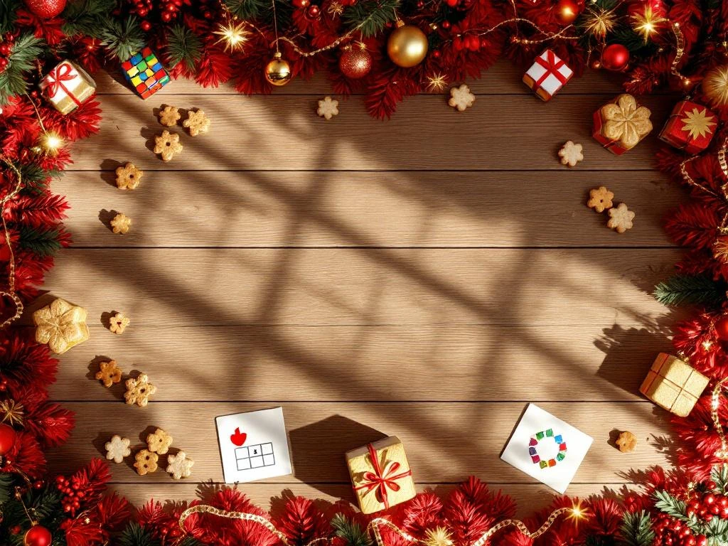 Kleurrijke Rubik's cubes en hersenkrakers op houten tafel met Sinterklaas decoraties en pepernoten