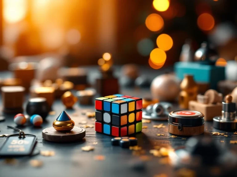 Kleurrijke speedcubes en hersenkrakers op donker hout met Black Friday prijskaartjes en dramatische verlichting