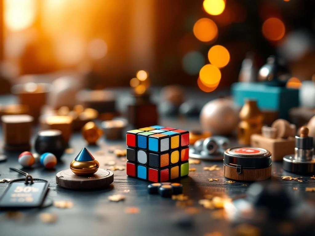 Kleurrijke speedcubes en hersenkrakers op donker hout met Black Friday prijskaartjes en dramatische verlichting