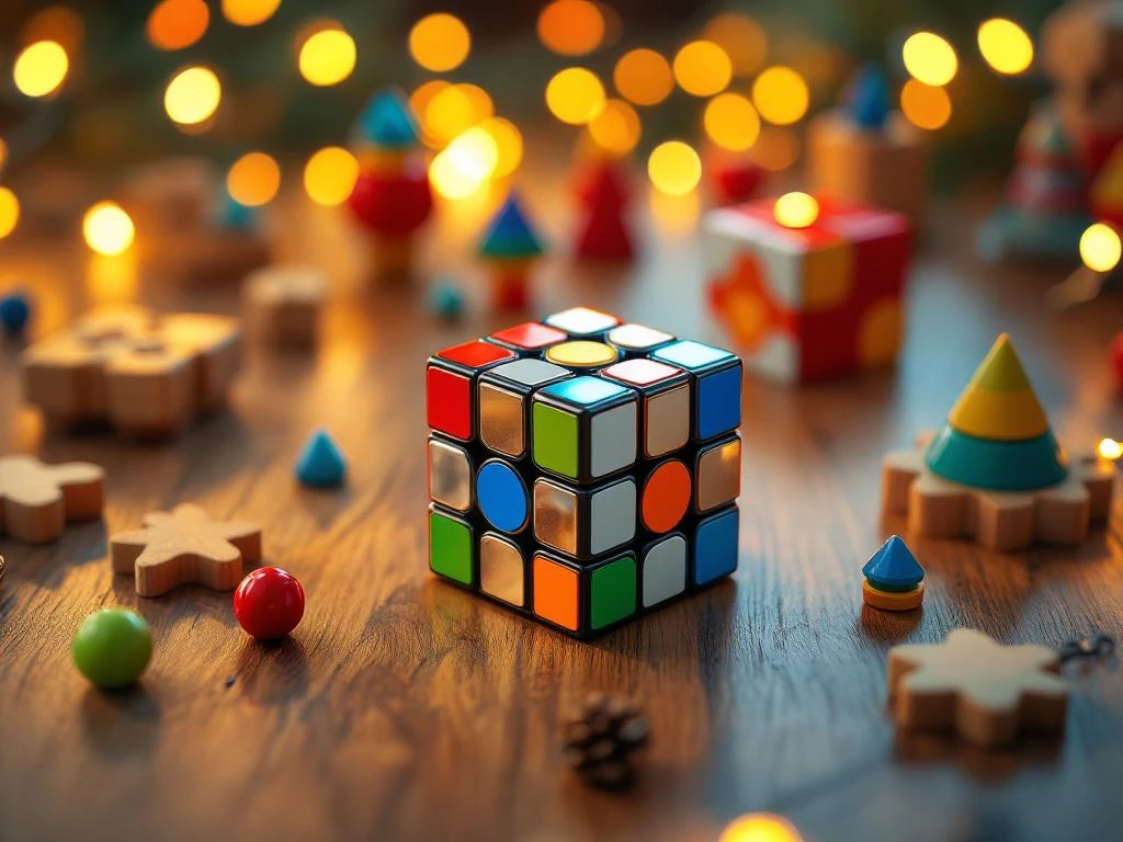 Magnetische speedcube met houten hersenkrakers en STEM-speelgoed op houten tafel met kerstverlichting