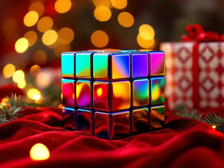 Metallic speedcube op rood fluweel met kerstverlichting en cadeaus op de achtergrond