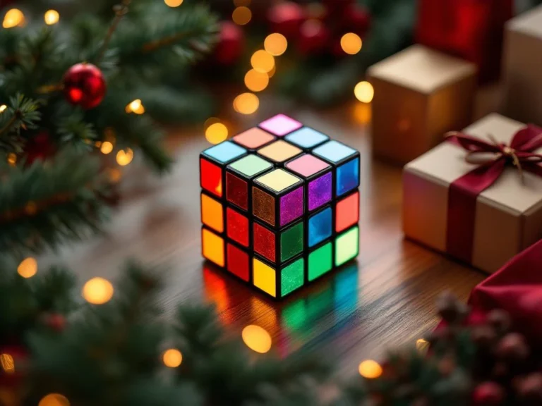 Luxe speedcube cadeau met kerstversiering, dennengroen en gouden verlichting op houten tafel van bovenaf gefotografeerd