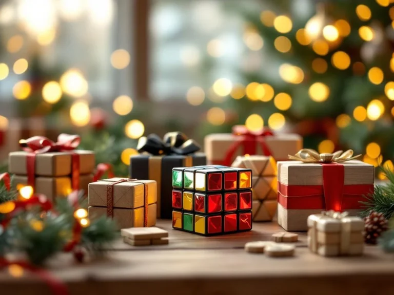 Speedcubes en breinbrekers als kerstcadeaus op houten tafel met dennentakken en gouden verlichting