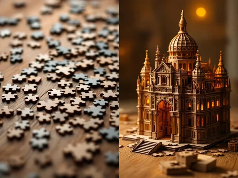 Split-screen showing traditional flat jigsaw puzzle pieces on left and assembled 3D wooden architectural puzzle on right