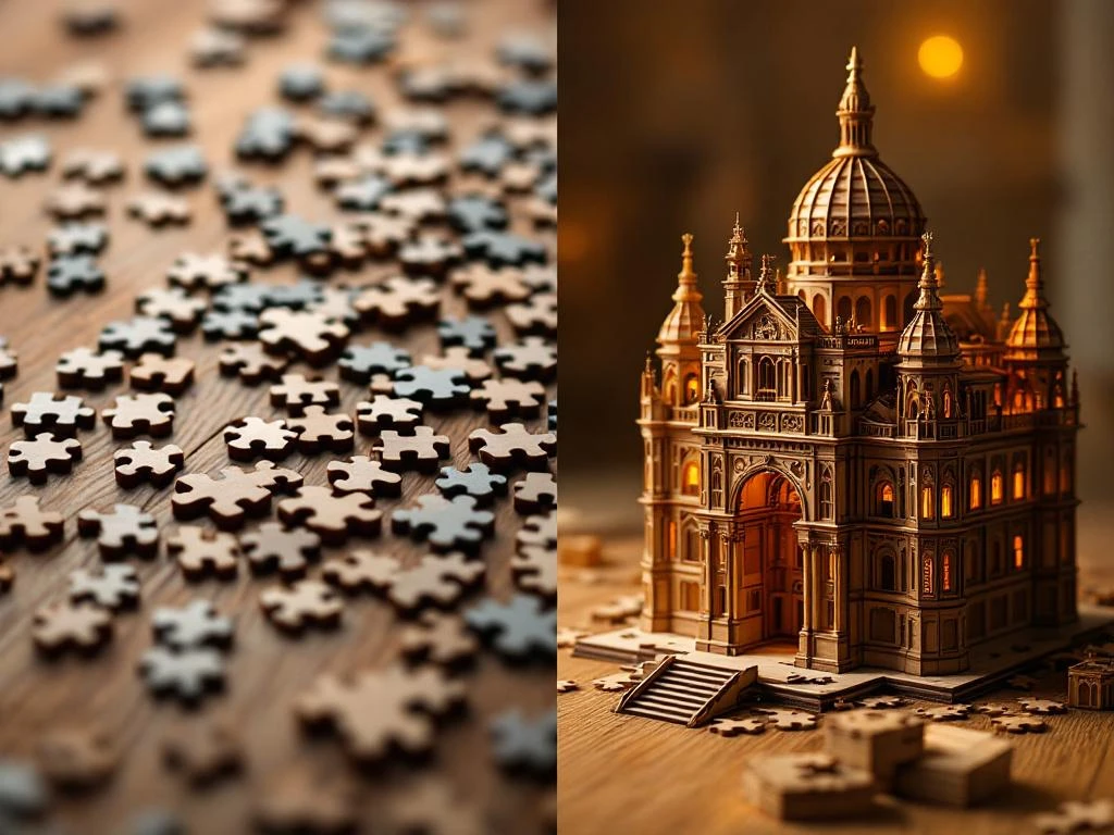 Split-screen showing traditional flat jigsaw puzzle pieces on left and assembled 3D wooden architectural puzzle on right