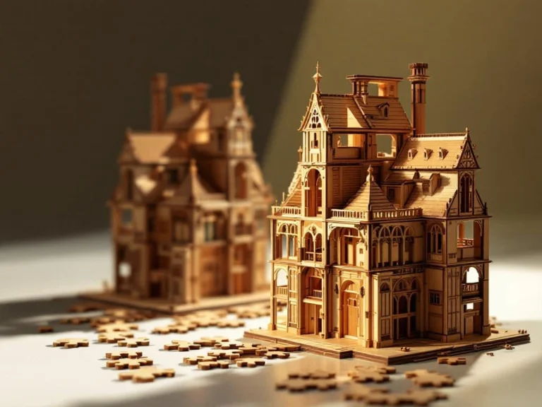 3D houten puzzel met complexe architecturale vorm naast traditionele platte legpuzzel, met zichtbare houtnerf en vakmanschap.