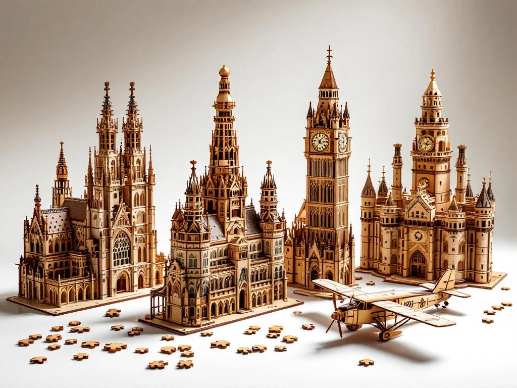 Five large wooden 3D puzzle models including cathedral, lighthouse, windmill, castle tower, and airplane displayed on white surface