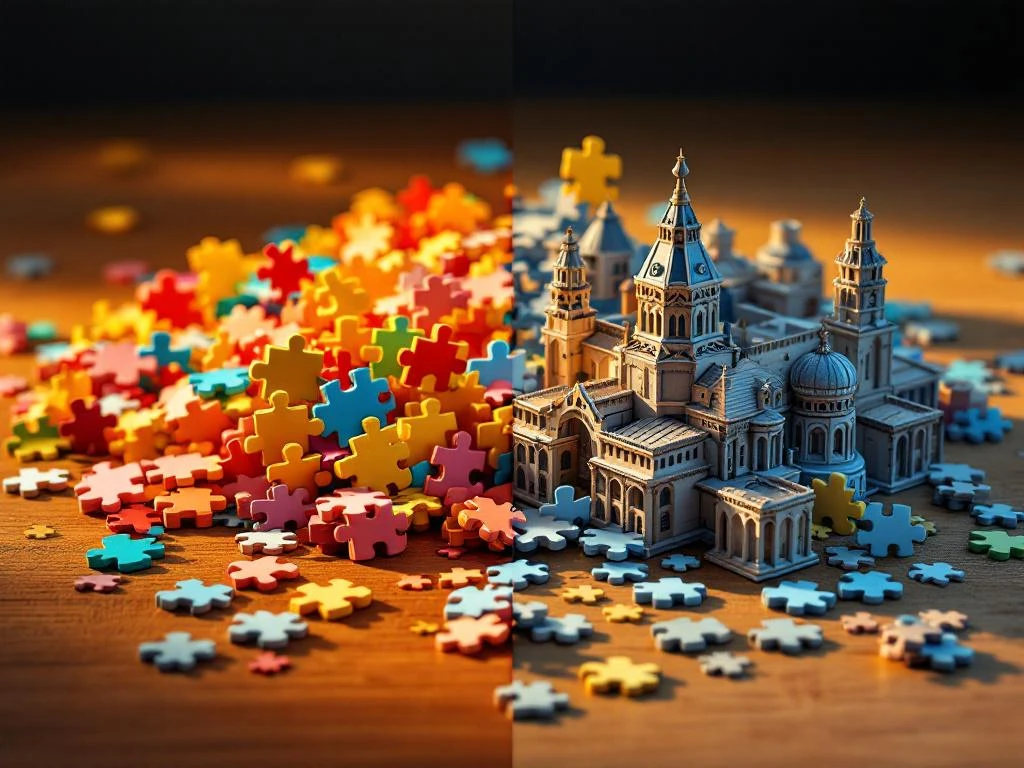 Two 3D puzzle styles side by side: colorful foam pieces on left, structured cardboard pieces on right, on wooden surface