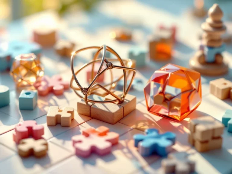 Colorful brain teaser puzzles including metal wire puzzle, wooden blocks, and geometric pieces on white surface with soft lighting.