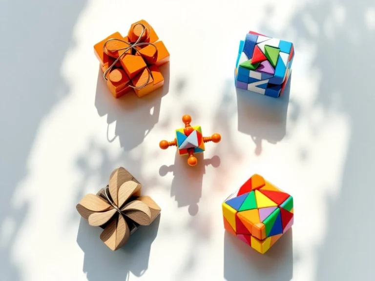 Five colorful brain teaser puzzles arranged in circle: wooden tangram, wire puzzle, mini Rubik's cube, burr puzzle, discovery box