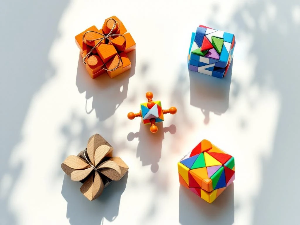 Five colorful brain teaser puzzles arranged in circle: wooden tangram, wire puzzle, mini Rubik's cube, burr puzzle, discovery box