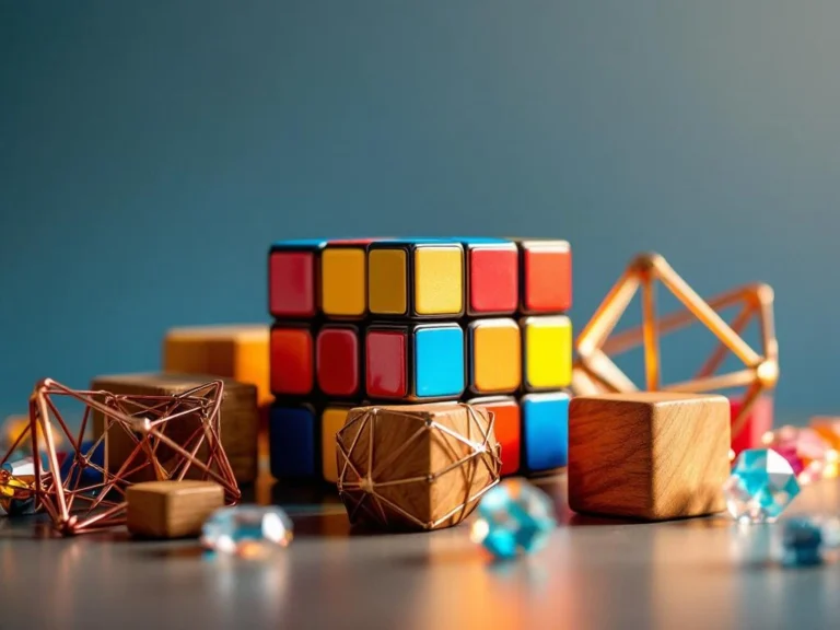 Colorful brain teaser puzzles including Rubik's cube, metal wire puzzles, and wooden geometric pieces arranged on gradient background.