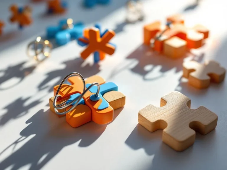 Brain teaser puzzles including wooden burr, wire, and sliding puzzles arranged on white surface with dramatic lighting.