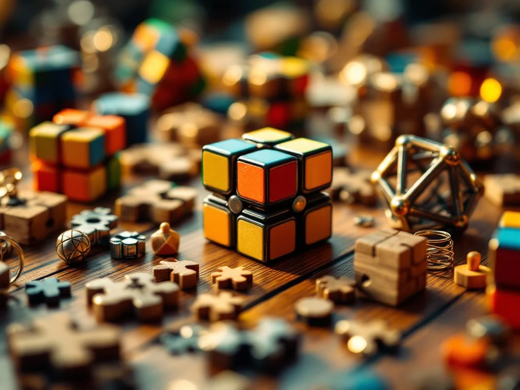 Diverse brain teasers and puzzle pieces including colorful Rubik's cubes and wooden blocks arranged on polished wood surface