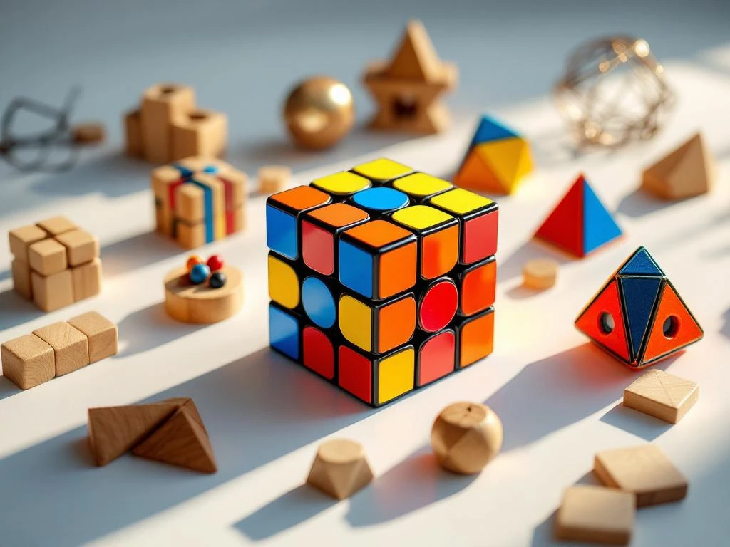 Colorful Rubik's cube and beginner brain teaser puzzles including wooden interlocking and metal wire puzzles on white surface.
