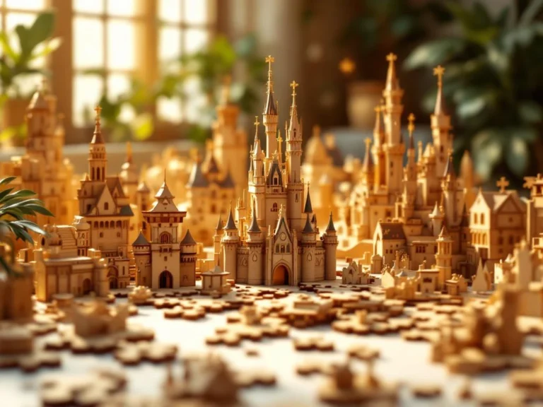 Disney-inspired 3D wooden puzzle pieces with castle towers and character silhouettes on white surface with studio lighting