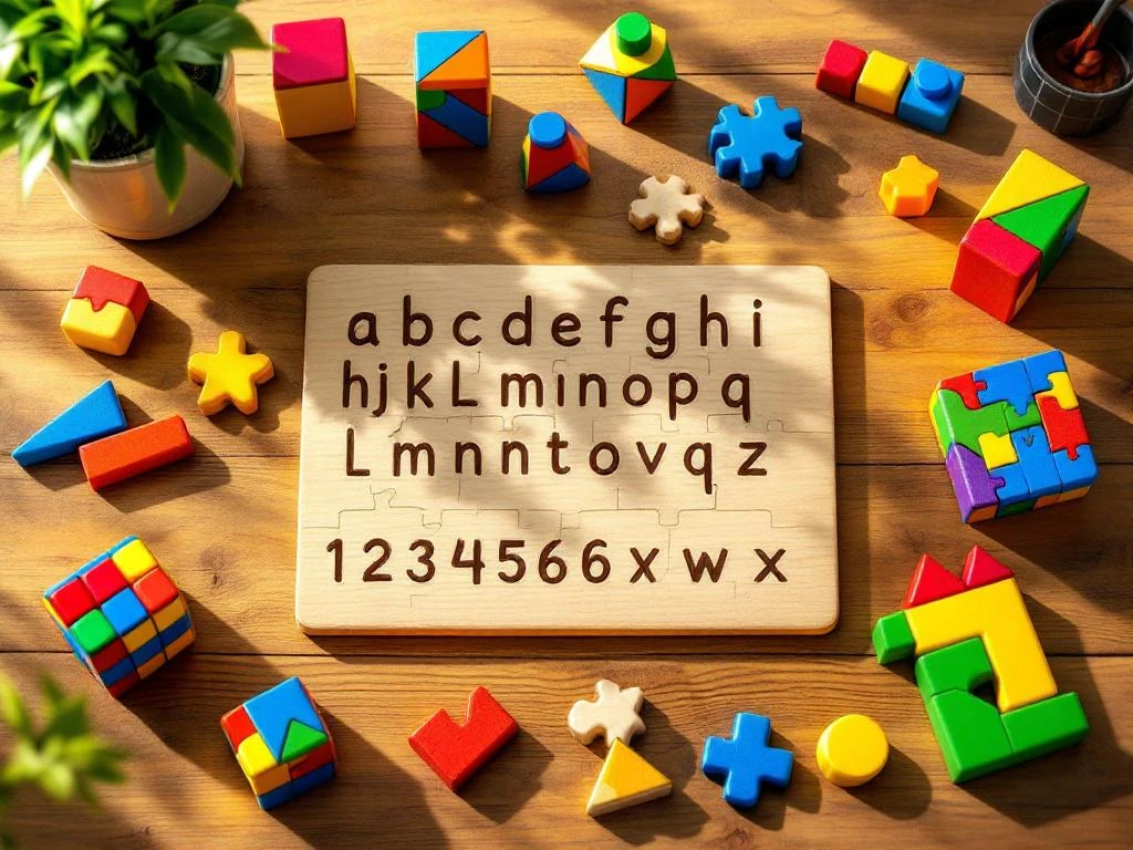 Educational puzzles and learning toys arranged on wooden table, featuring alphabet jigsaw puzzle, building blocks, and colorful games