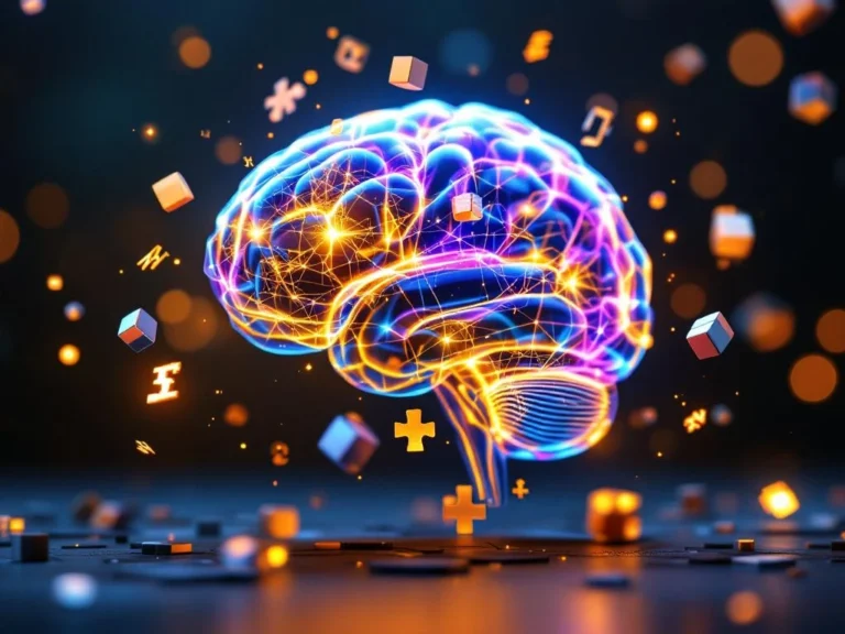 Glazen hersenmodel met verlichte neurale netwerken in blauw, paars en goud, omringd door zwevende puzzelstukjes en wiskundige symbolen.