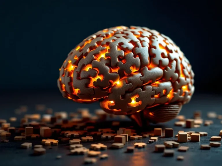 Wooden puzzle piece brain with glowing golden connections on dark surface surrounded by colorful puzzle pieces