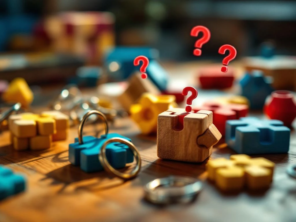 Colorful brain teaser puzzles on wooden surface with red warning indicators highlighting six challenging puzzle pieces